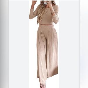 Women's Wide Leg Ribbed Pants and Too set — Beige